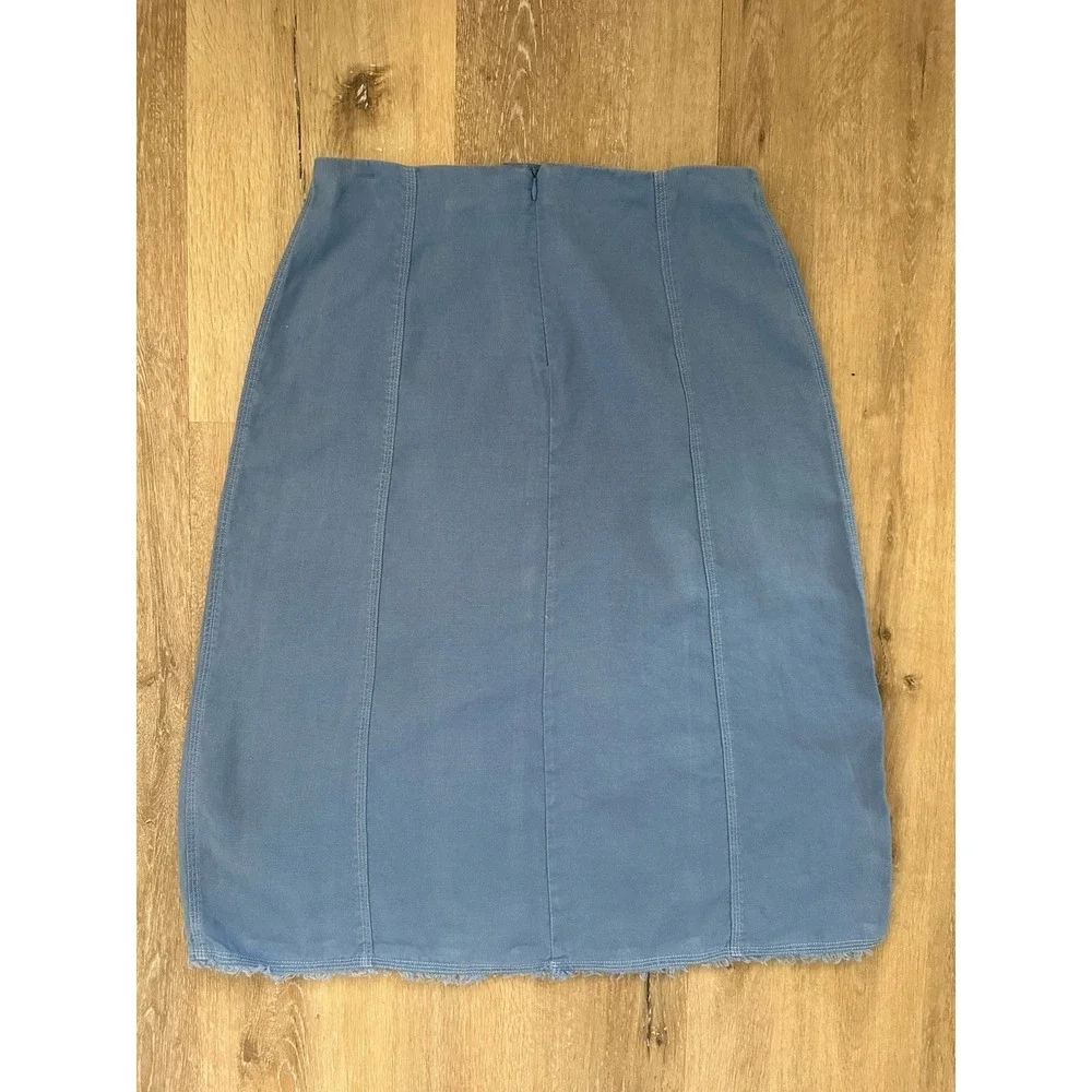 Relativity Womens Size 10 Linen Skirt Blue Fringe Raw Hem Pencil‎ Knee Midi